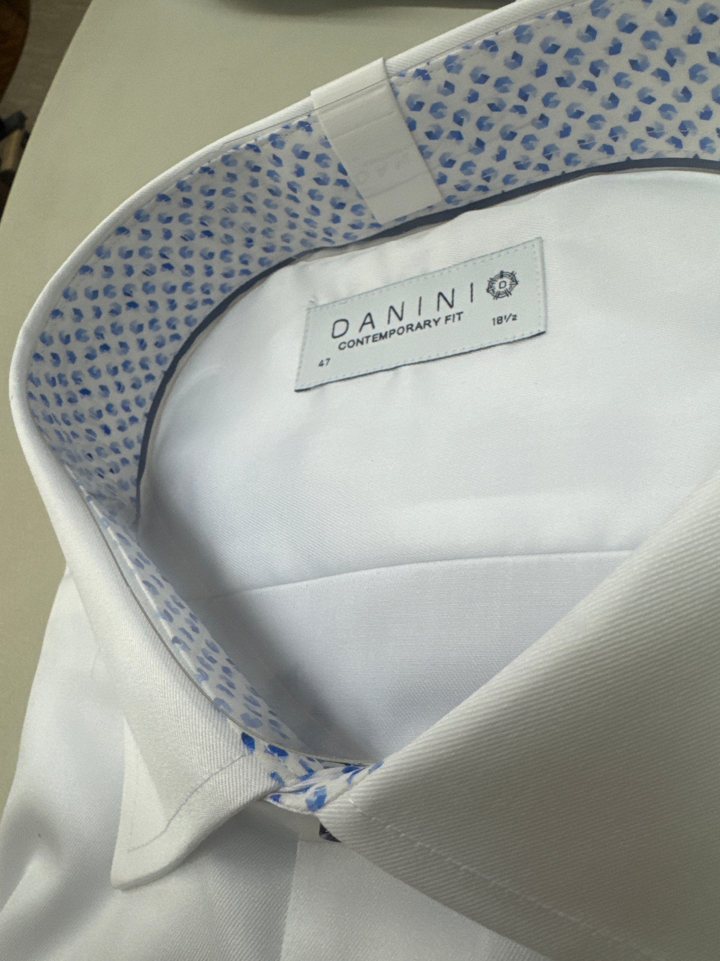 White Dress Shirt with Blue Birds Eye Contrast Collar