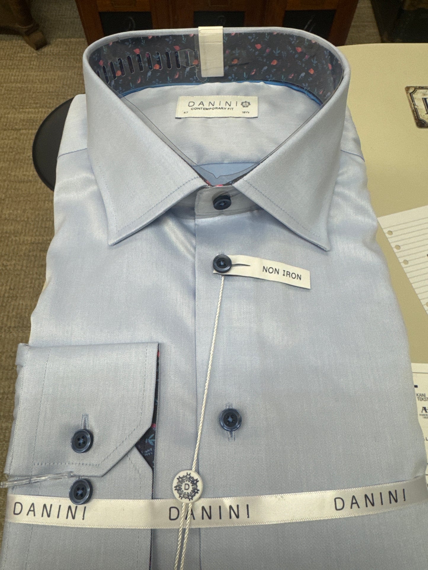 Blue Spread Collar Dress Shirt with Paisley Contrast Collar