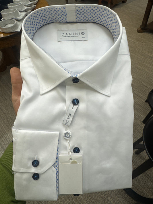 White Dress Shirt with Blue Birds Eye Contrast Collar