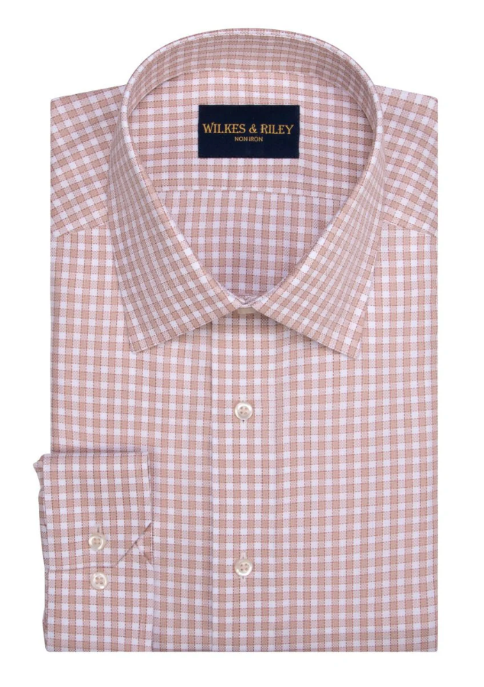 Tailored Fit Tan Spread Collar Non-Iron Queens oxford Check Dress Shirt