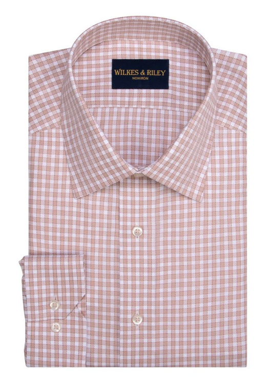 Tailored Fit Tan Spread Collar Non-Iron Queens oxford Check Dress Shirt