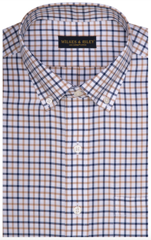 Classic Fit Tan / Navy Twill Check Button-Down Collar Non-Iron Sport Shirt